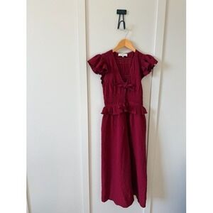 Sea New York Burgundy Ruffle Flutter Sleeve Bow Front Midi Dress XXS Red